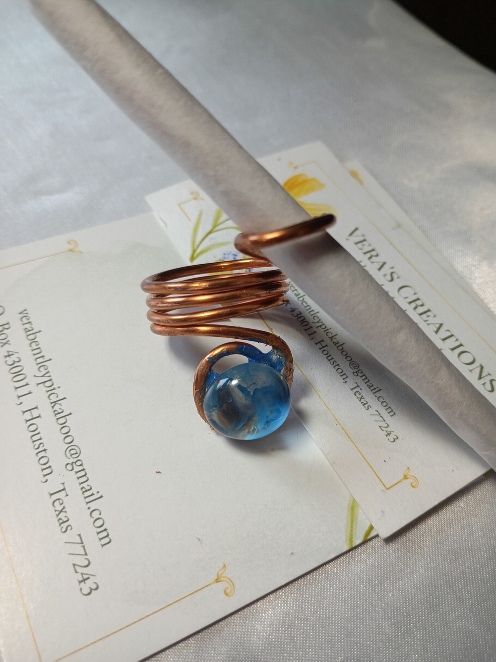 Copper Spiral Ring with Blue Glass Stone - Picture 10 of 12